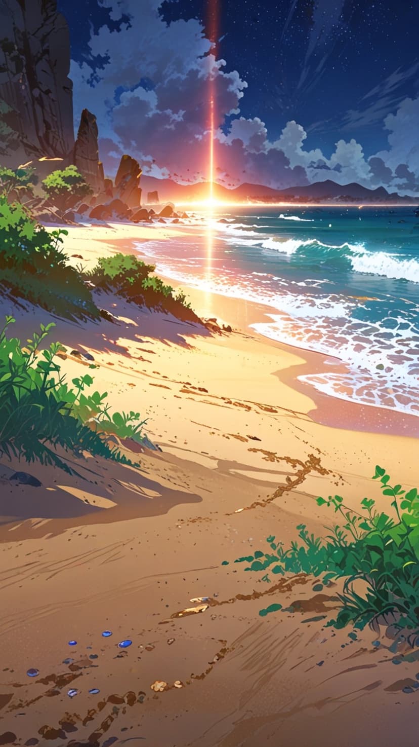 Tropical beach sunset with golden sunlight hitting ocean waves, rocky cliffs, and green foliage along the shore.