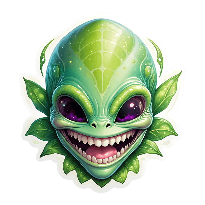 Green alien sticker head with glowing purple eyes and green leaves features a wide toothy grin on a white border.