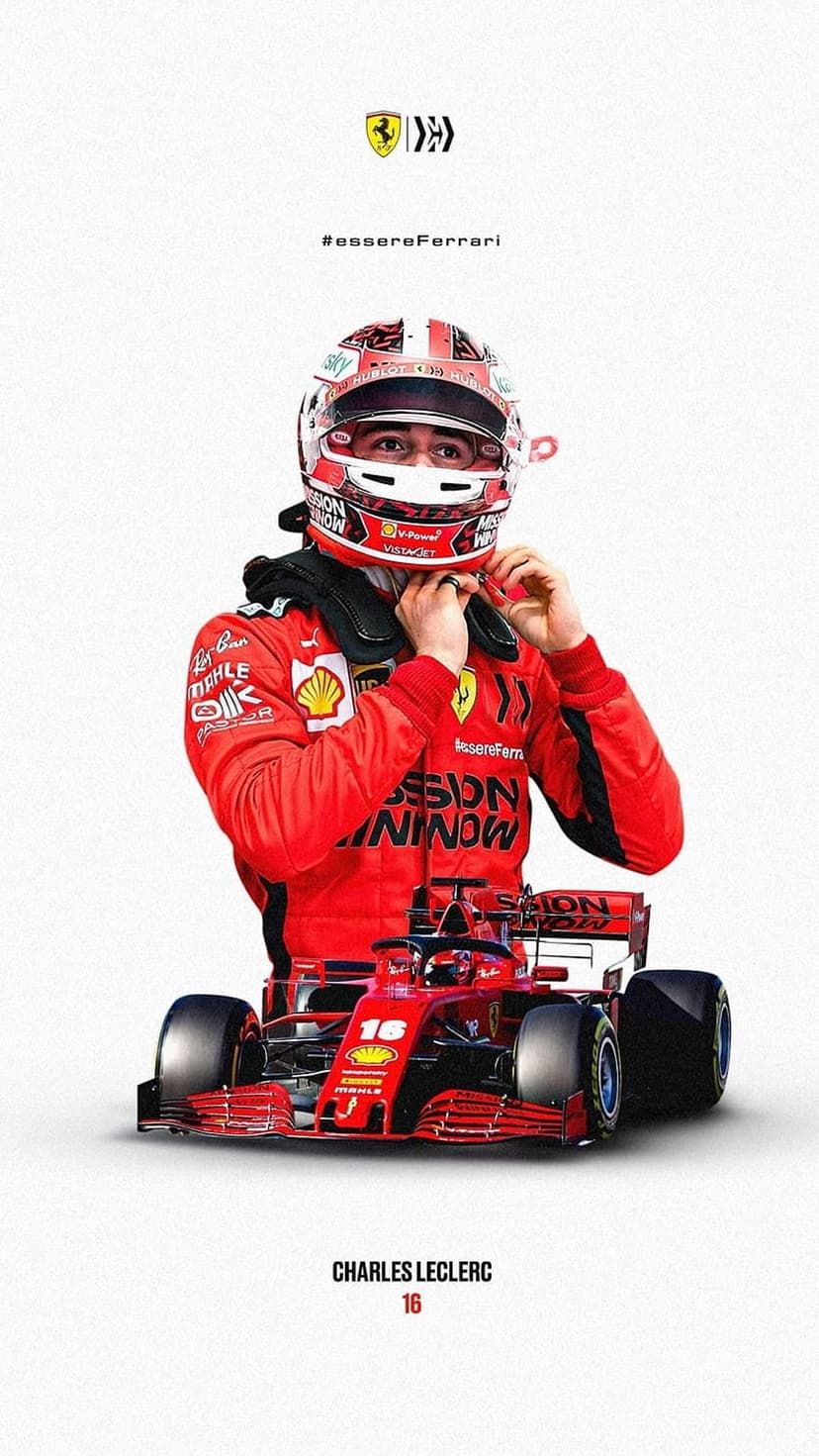Charles Leclerc in a red racing suit adjusting his helmet next to a Ferrari F1 car on a white background.