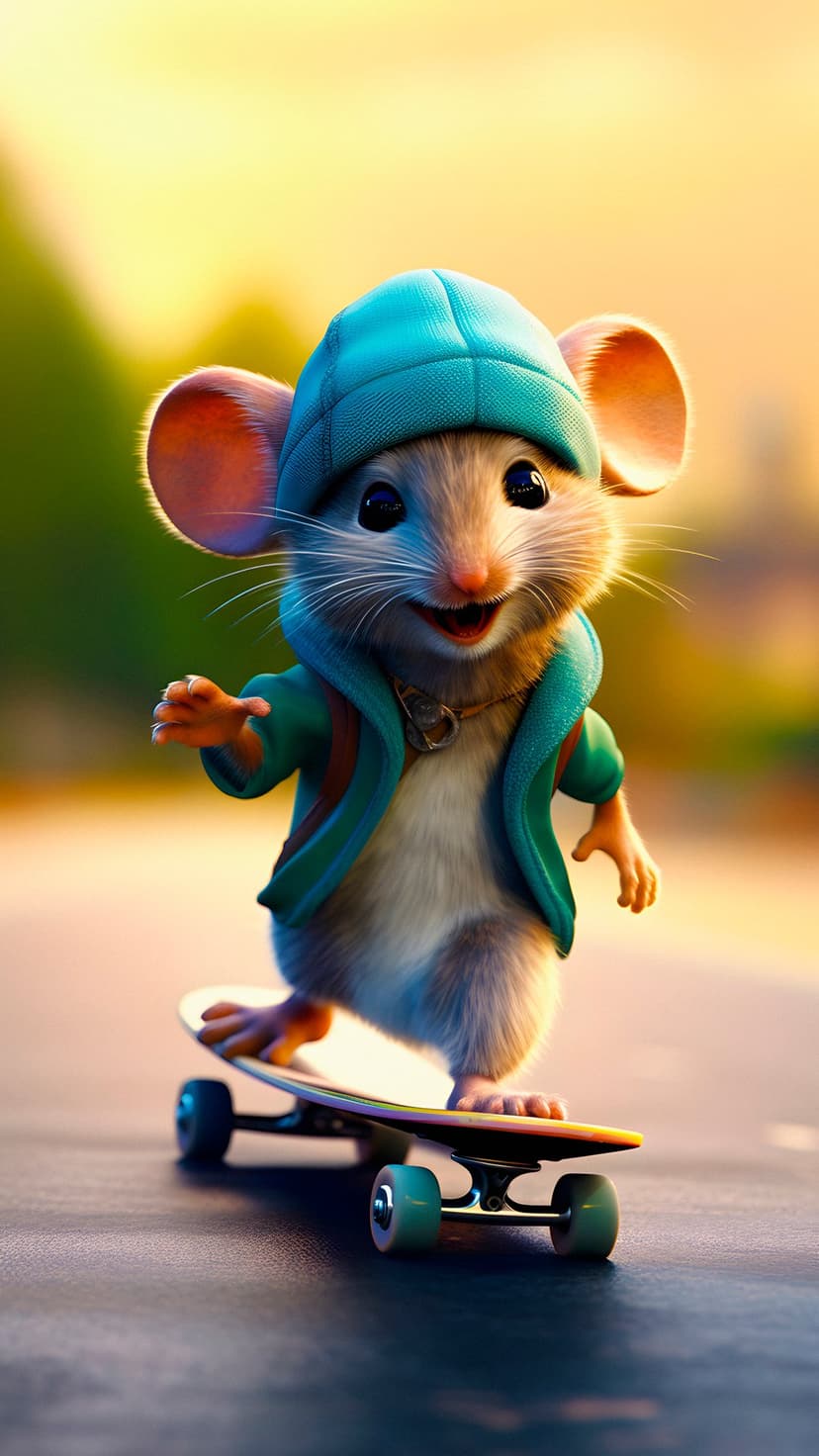 Anthropomorphic mouse skater in a blue beanie and hoodie riding a skateboard against a warm sunlit background.