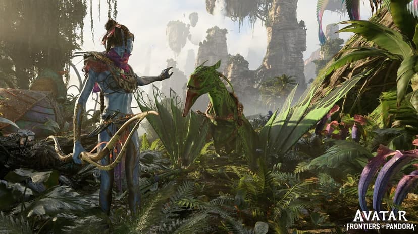 Blue-skinned Na'vi warrior with a bow standing beside a green banshee in a sunlit jungle with floating mountains.