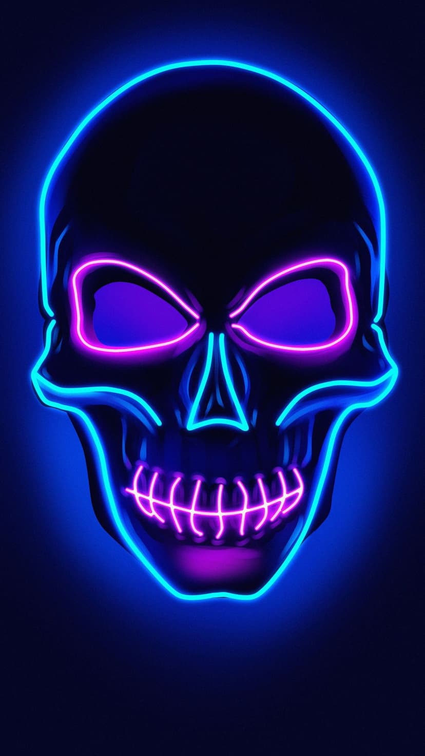 Neon skull mask with glowing blue outlines and purple light radiating from the eyes against a black background.