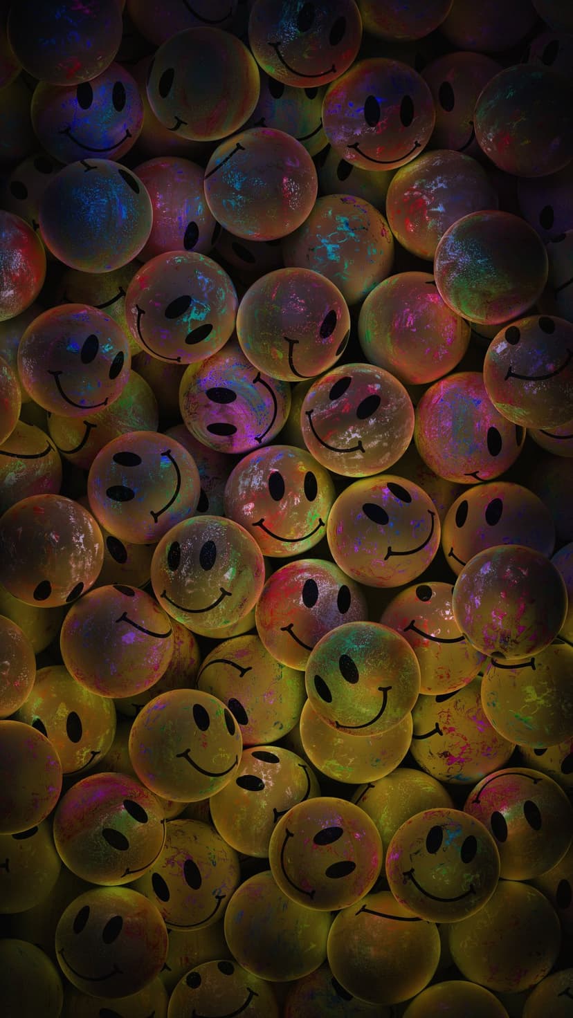 Multicolored shiny spheres with smiling faces piled together under soft, glowing neon studio lighting.