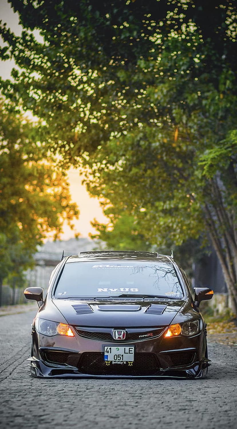 Honda Civic Type R with custom hood vents sits on a cobblestone road during a golden hour sunset in the forest.