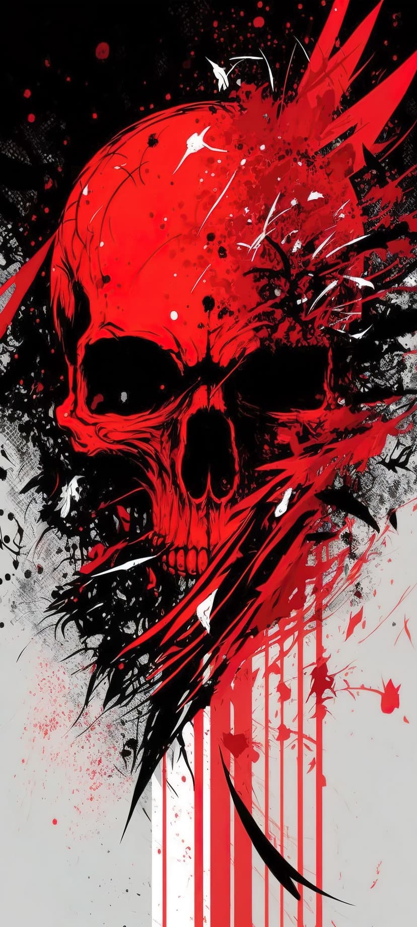 Red skull with sharp black and white ink splatters exploding outward against a dark abstract background.