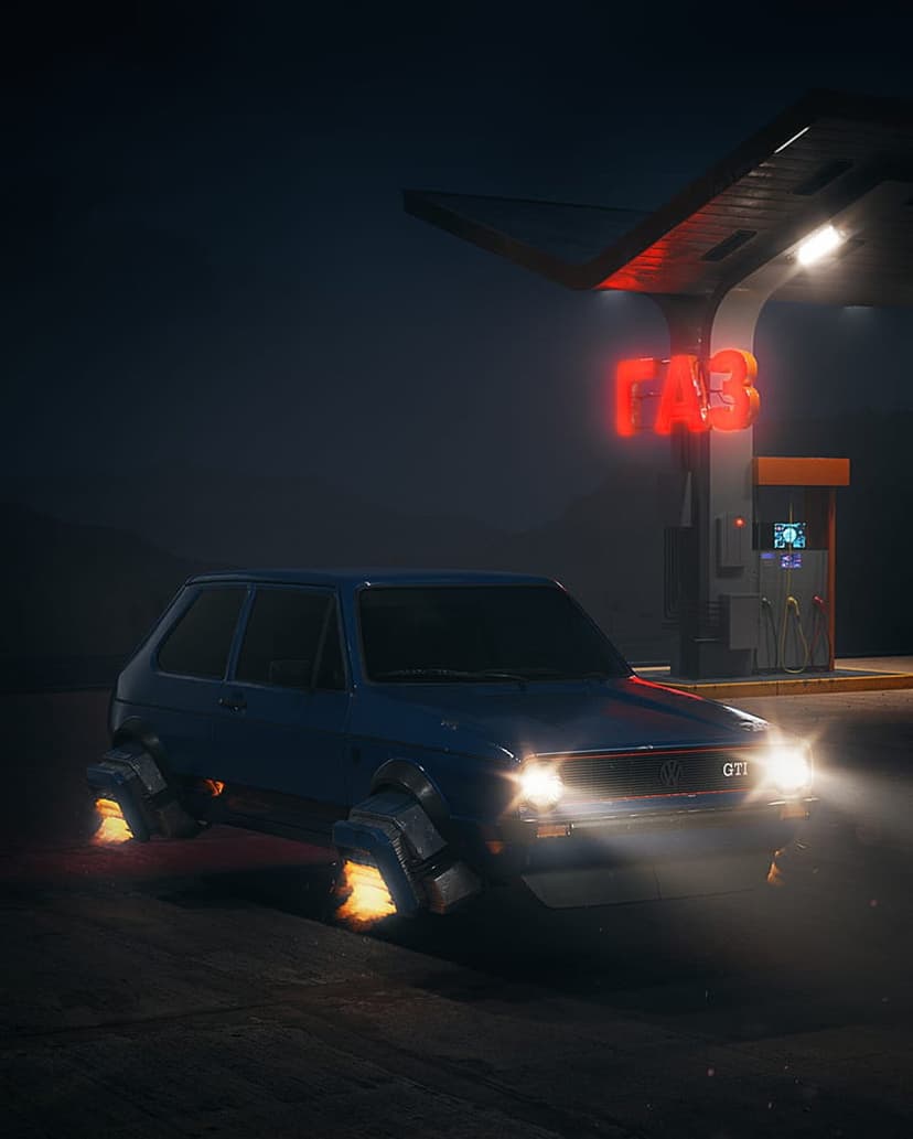 Blue vintage hatchback with glowing cyan wheels parked at a gas station under a red neon sign at night.