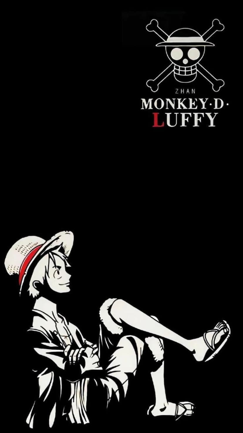 Monkey D. Luffy stands beside a Jolly Roger skull and crossbones logo in a minimalist black and white design.
