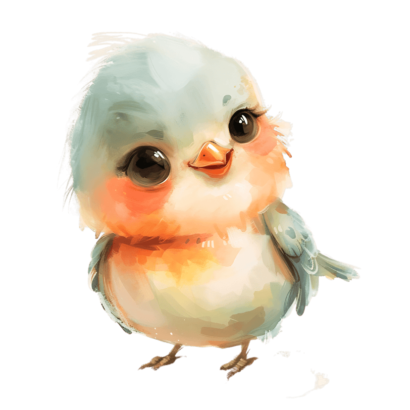 Watercolor baby bird with fluffy pastel blue and peach feathers sits against a solid black background.