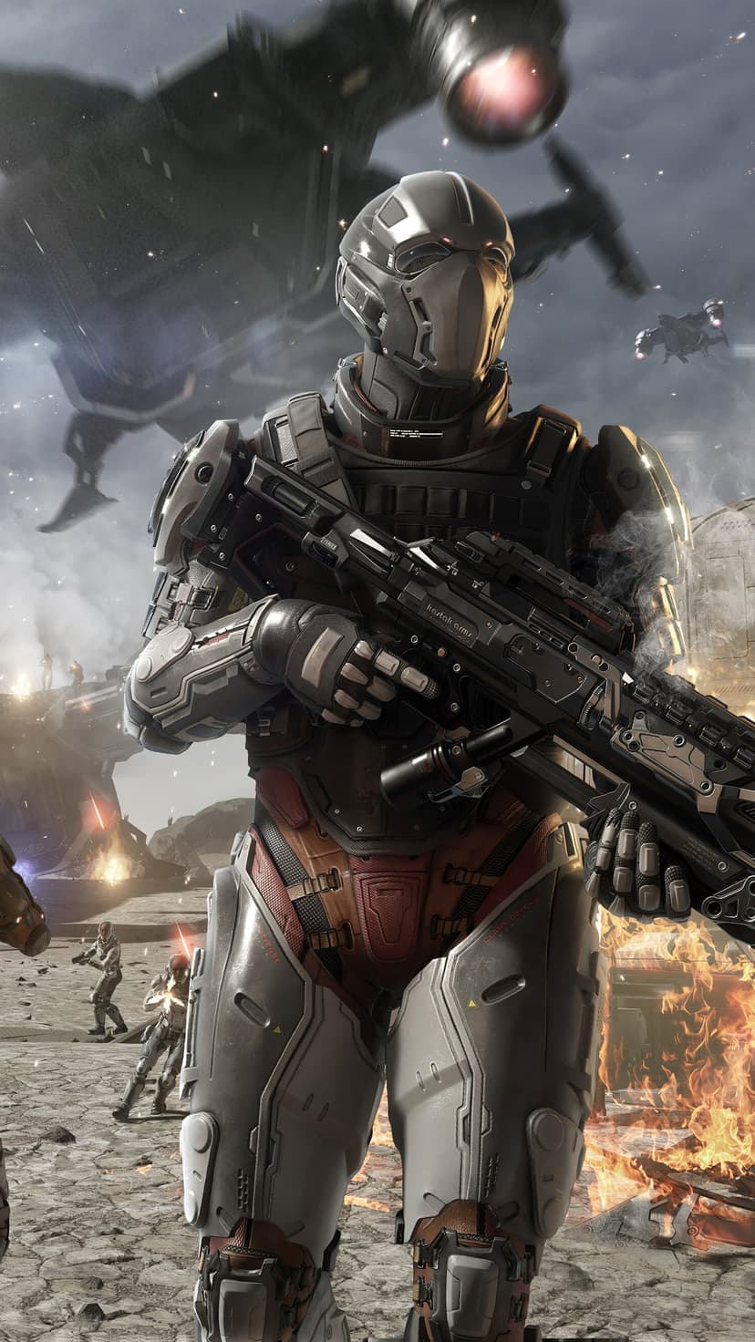 Armored sci-fi soldier holding a rifle on a smoky battlefield with a large spaceship overhead.