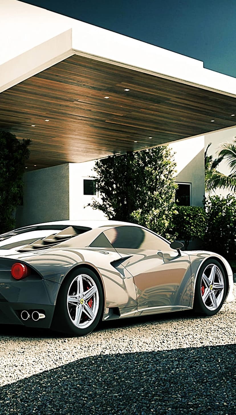 Silver luxury sports car parked on gravel beneath a wooden canopy surrounded by vibrant green tropical trees.
