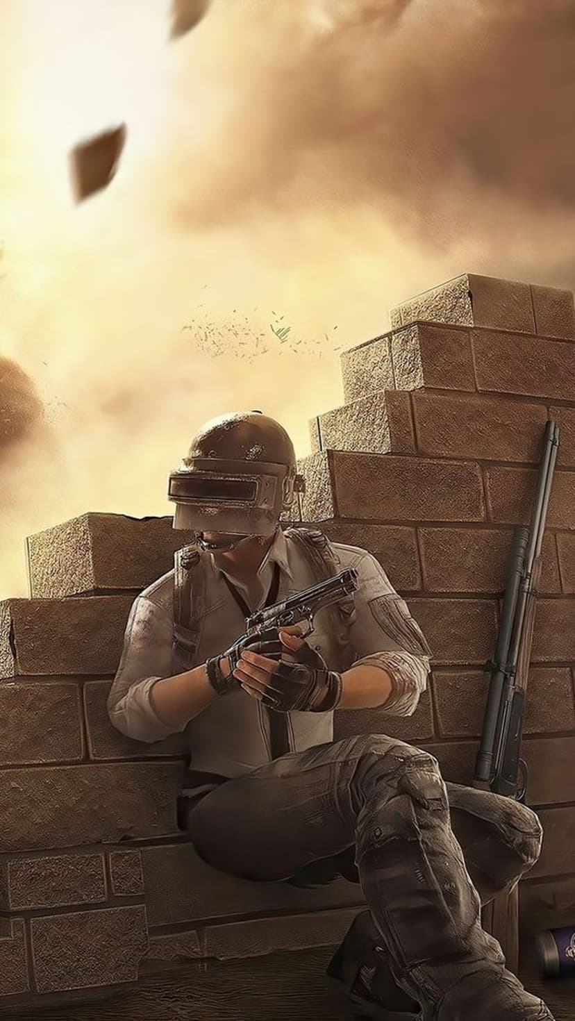 Soldier in a helmet and tactical vest holds a handgun behind a brick wall under a hazy, dust-filled sky.
