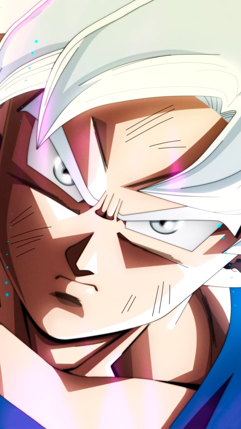 Goku with silver hair and glowing white eyes stands amidst a soft purple and pink aura against a dark backdrop.