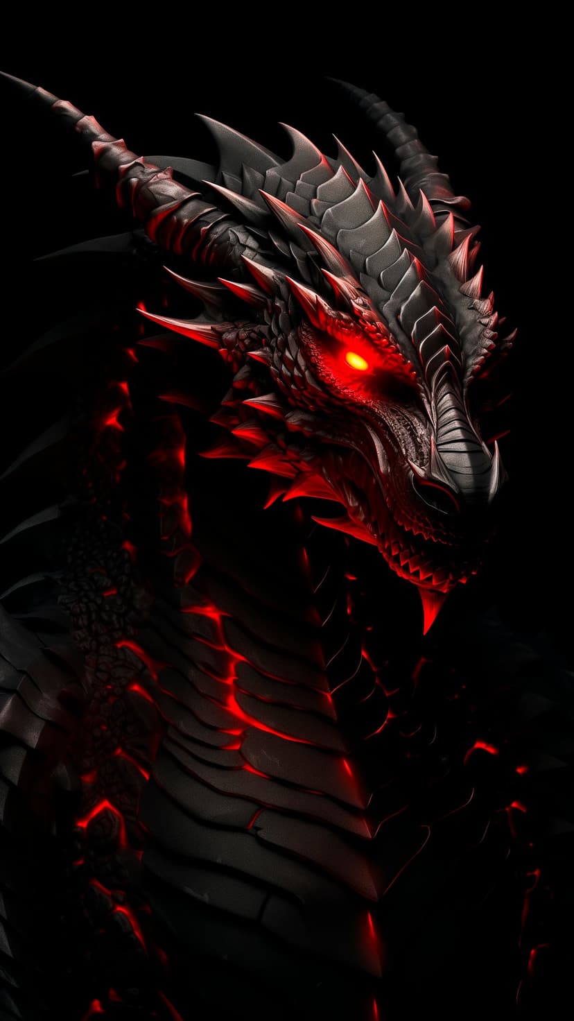 Black dragon head with glowing crimson eyes, metallic obsidian scales, and fiery orange light from its throat.