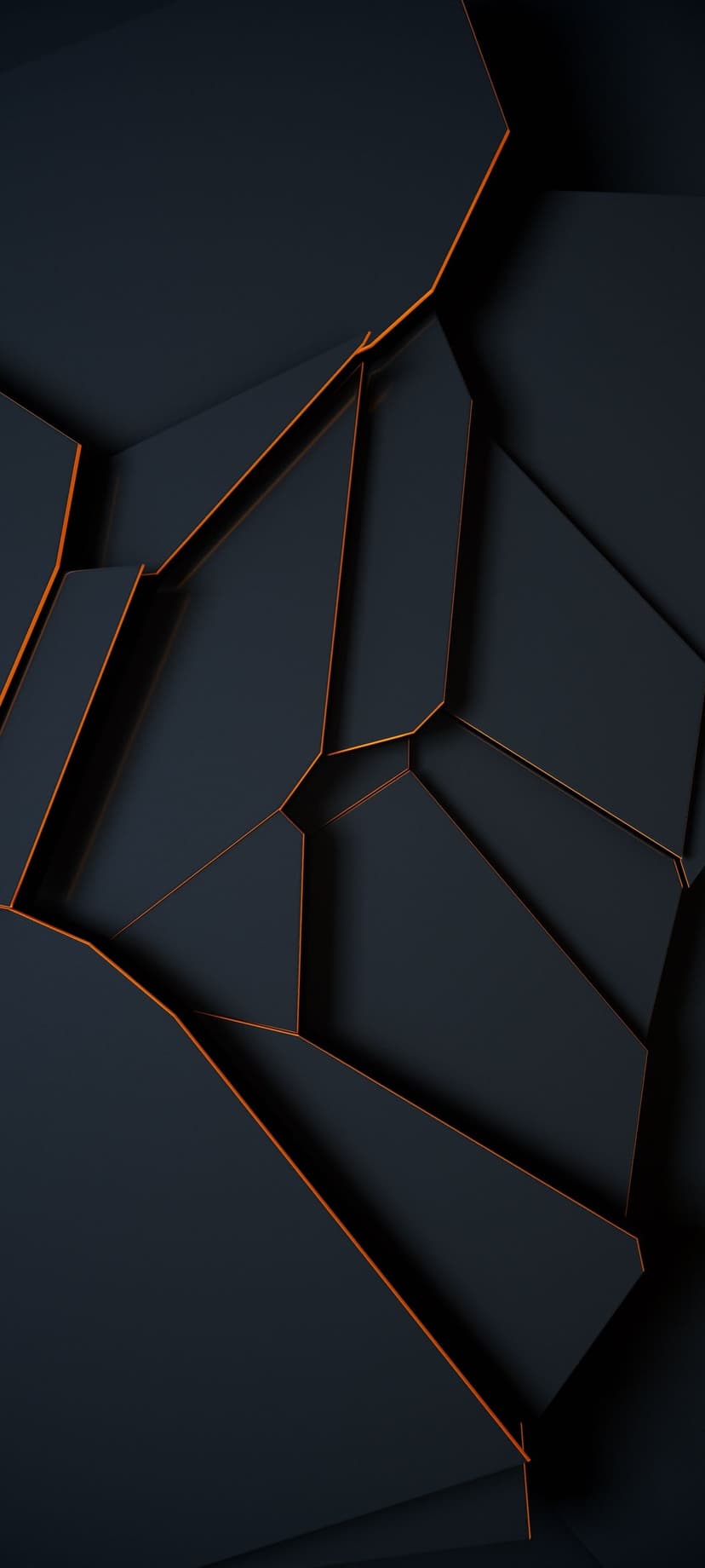Fractured dark geometric shards with glowing orange edges create a deep three-dimensional crystalline pattern.
