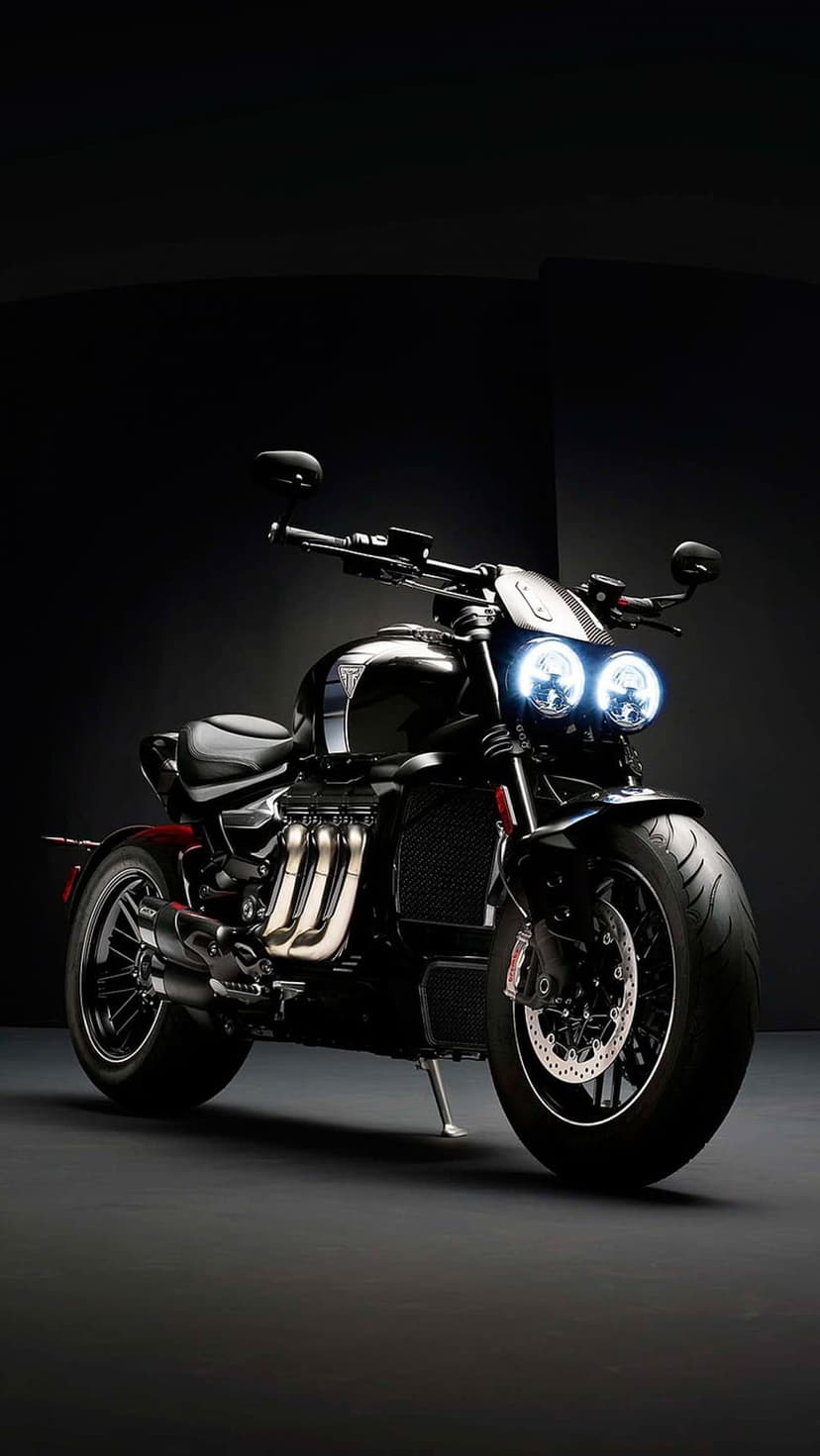 Black Triumph Rocket motorcycle with twin LED headlights and chrome pipes against a dark studio background.
