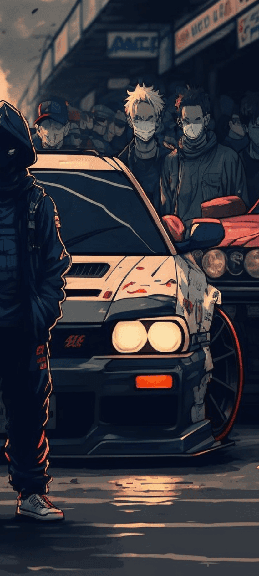 Modified sports car with glowing headlights surrounded by a crowd of masked drivers in a dark urban setting.