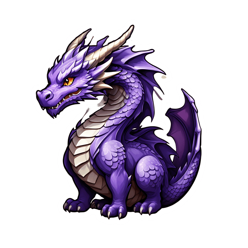 Purple chibi dragon sticker features glossy violet scales, bright orange eyes, and small horns in a sitting pose.