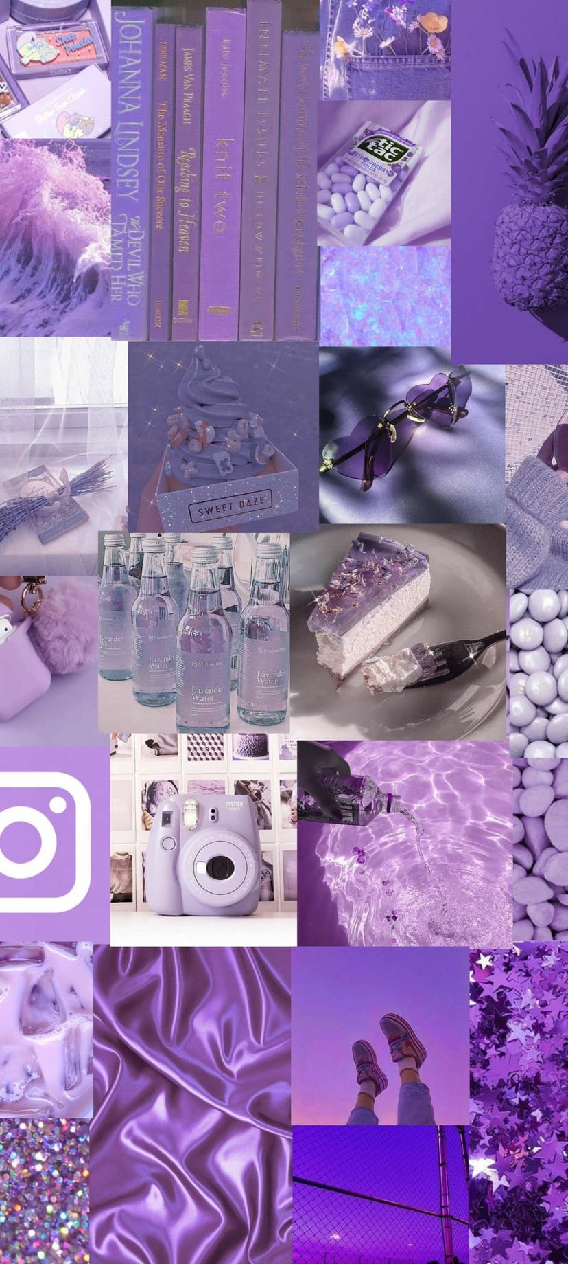 Lavender ocean wave and violet books anchor a collage of sunglasses, a pineapple, and a vintage camera.