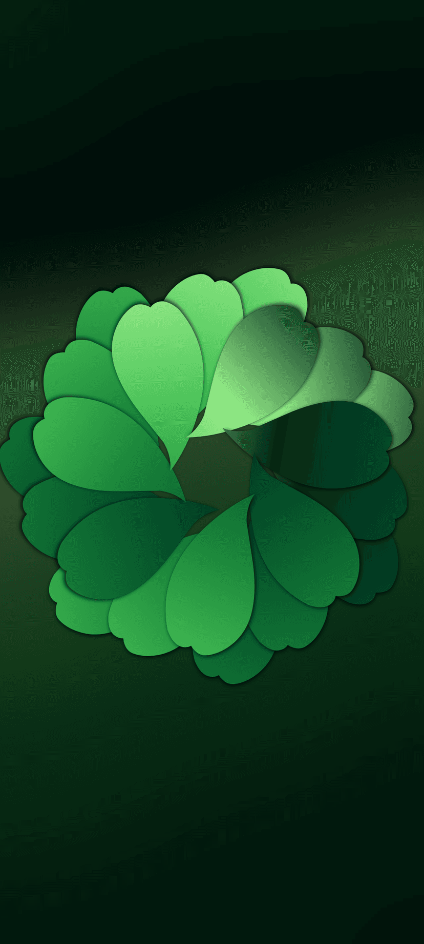 Green leaves arranged in a circular mandala pattern with soft shadows over a dark forest green background.