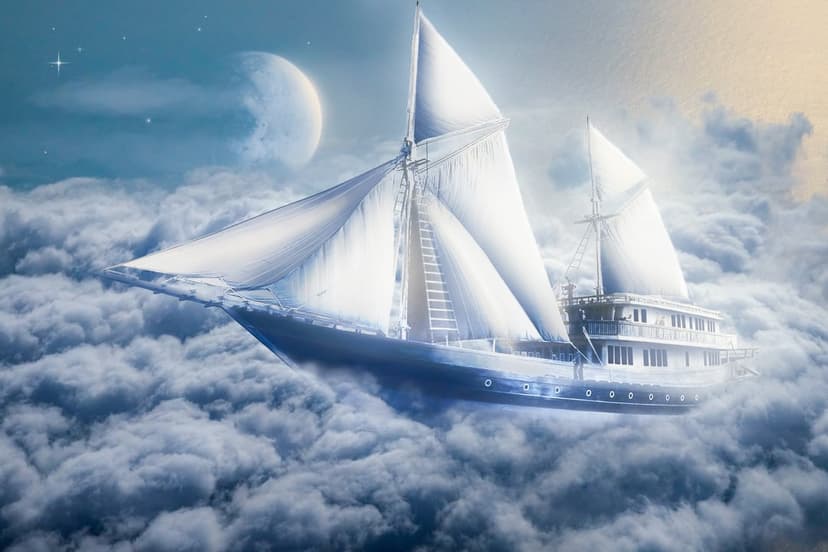 Sailboat with white sails glides through fluffy clouds under a glowing moon and a dense field of stars.