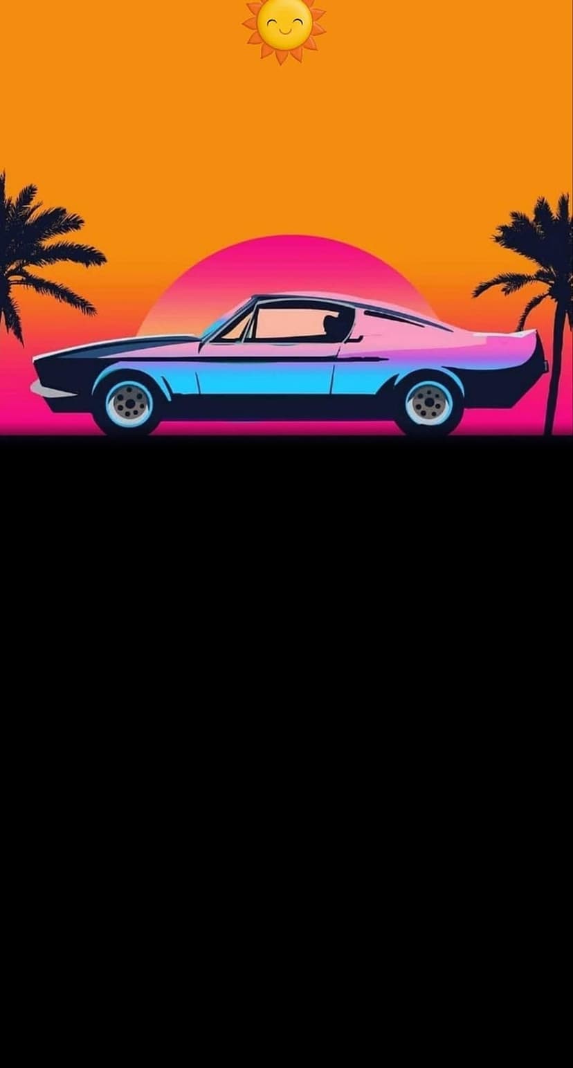 Classic car driving toward a large neon sun on a palm-lined road during a vibrant purple and orange sunset.