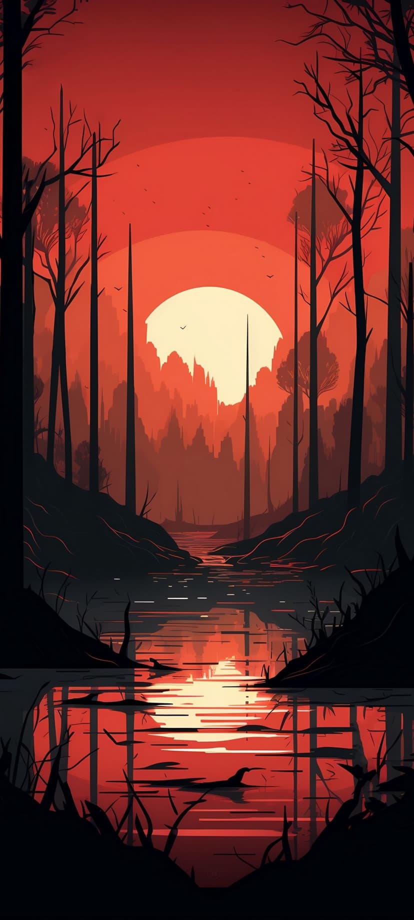Large pale sun hangs between skeletal black trees over a winding river reflecting deep orange and red light.