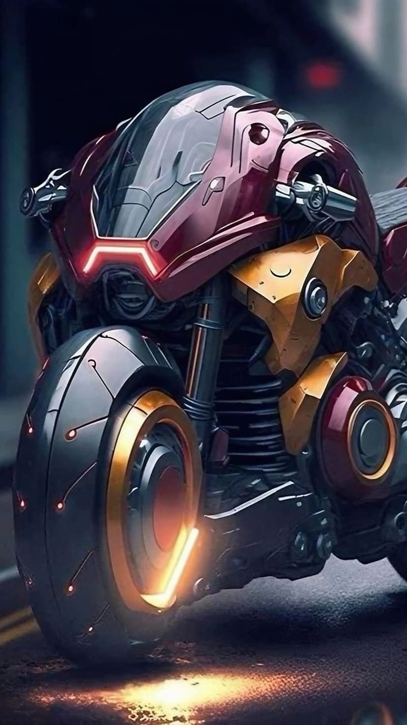 Cyberpunk motorcycle with crimson plating and orange glowing wheels features a sleek gold frame and glass canopy.