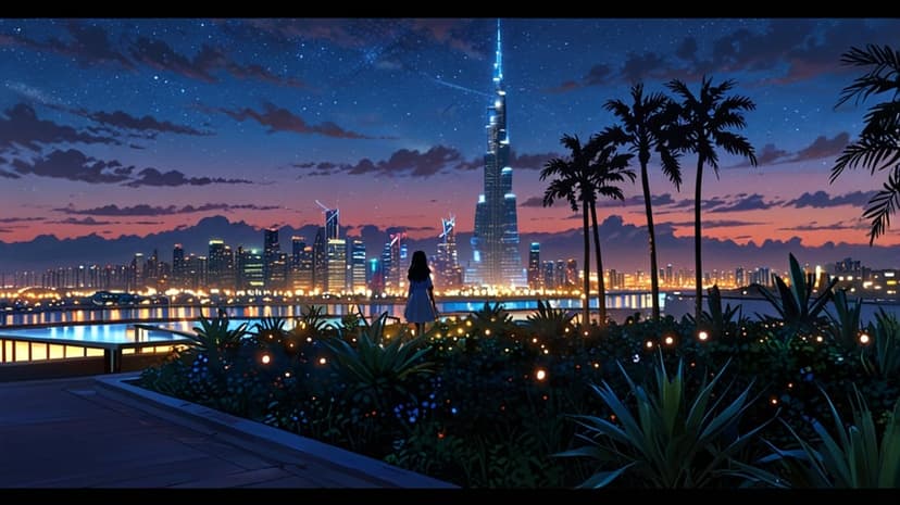 Burj Khalifa towers over a glowing Dubai skyline at night as a figure watches from behind palm trees.