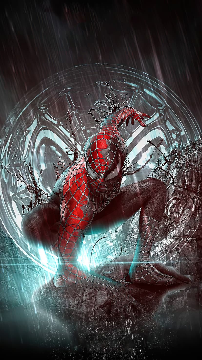 Spider-Man in a black suit crouches on rocks in heavy rain with a bright blue glow and metallic circles behind him.