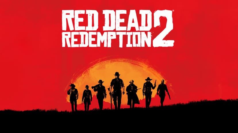 Seven outlaw silhouettes walking on a ridge against a massive yellow sun and a bright red background.