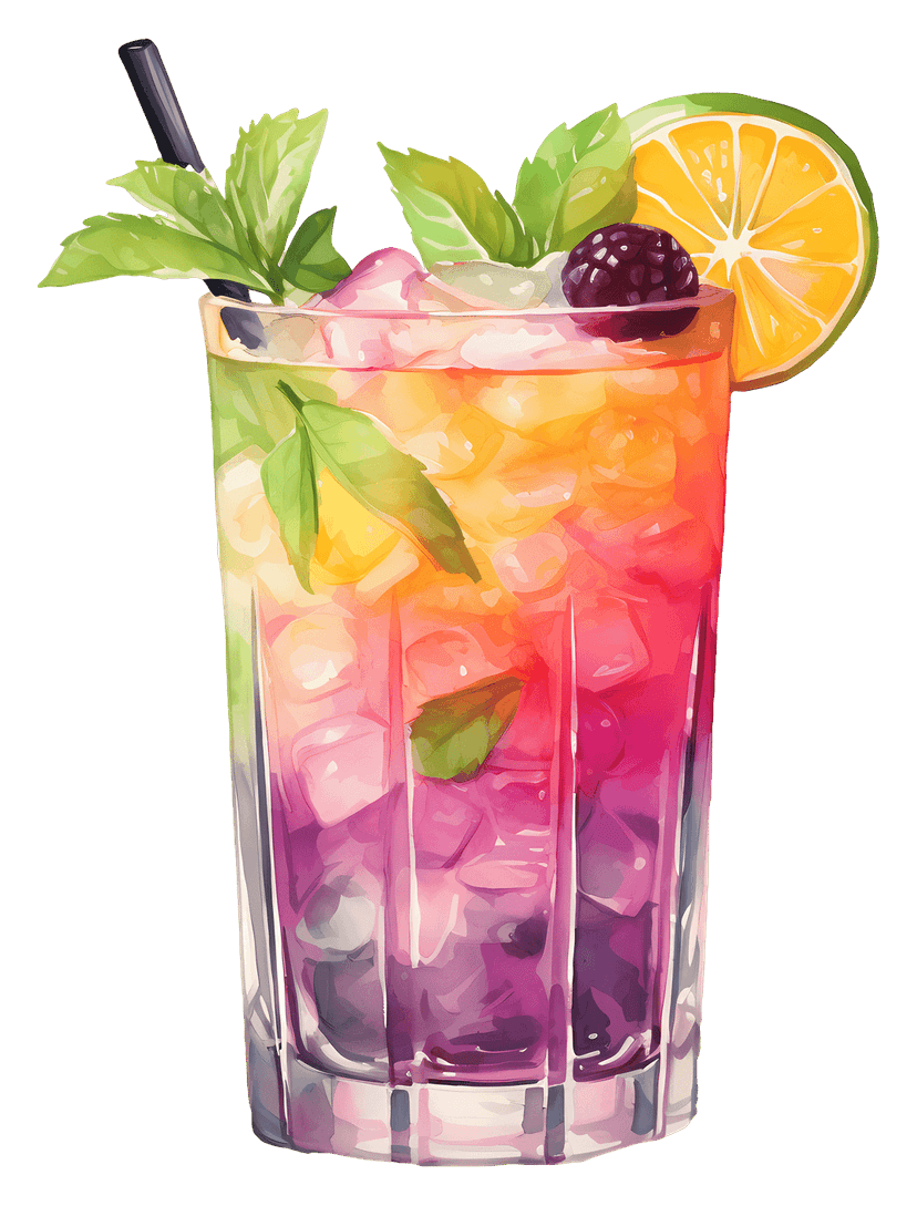 Rainbow cocktail glass featuring layered citrus slices, fresh mint leaves, and ice cubes on transparent background.
