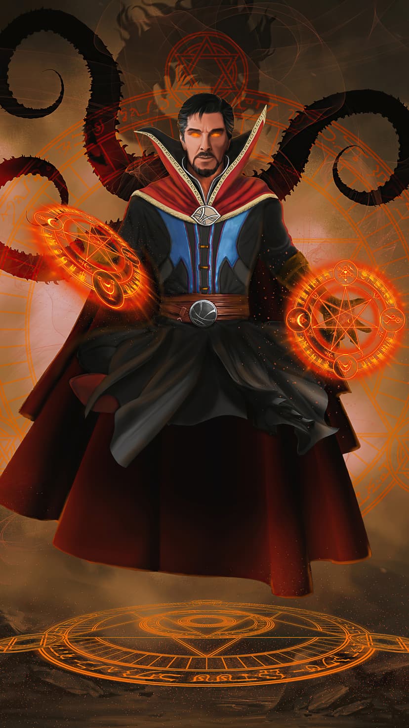 Doctor Strange wearing a red cloak and blue tunic while casting glowing orange magic circles in the dark.