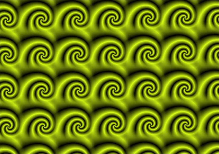 Luminous lime green 3D spirals repeat across a dark textured surface with intricate highlights and soft shadows.