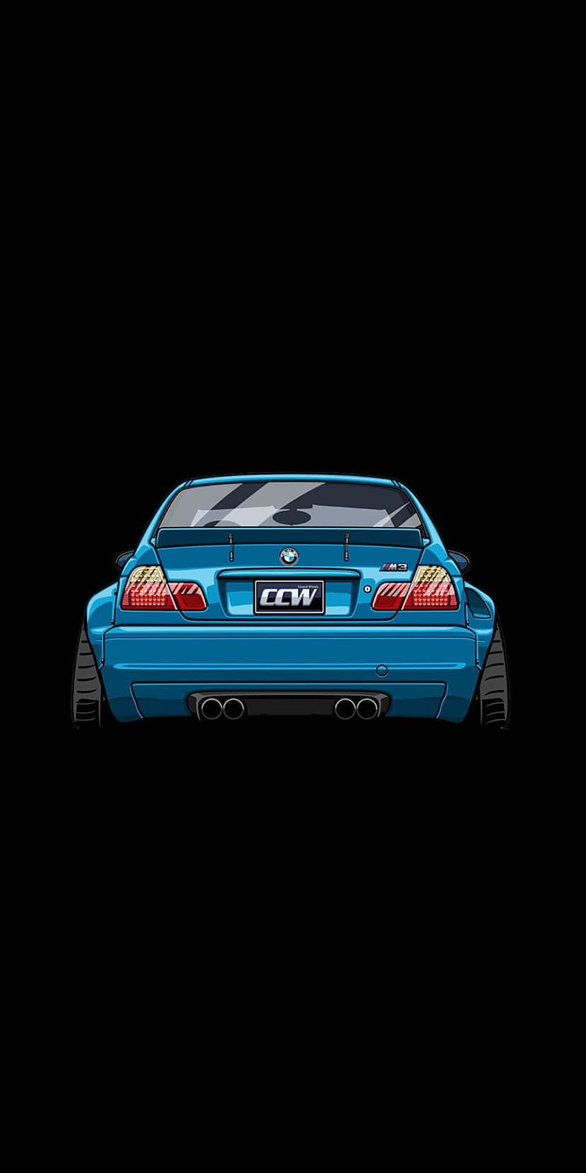 Blue BMW M3 sedan rear view with dual exhausts and red taillights on a dark background in a stylized art style.