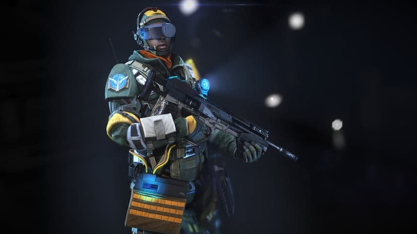 Futuristic soldier in green and yellow tactical gear holding a black rifle with a glowing blue optic.