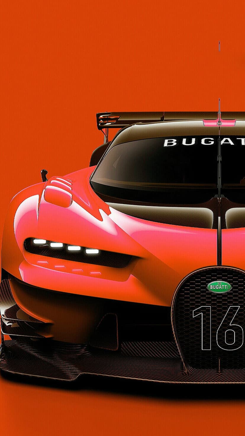 Bugatti Bolide track car featuring orange paint, X-shaped headlights, and the number 16 on the front grille.
