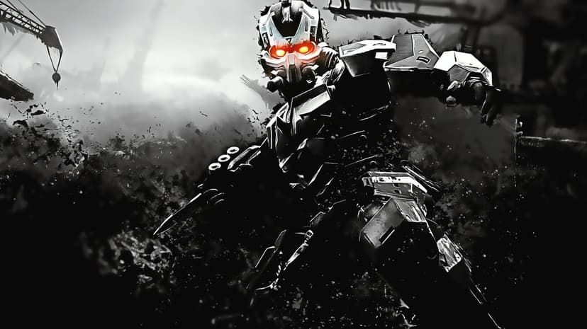 Futuristic soldier in heavy armor with glowing red eyes amidst a dark war-torn industrial landscape.