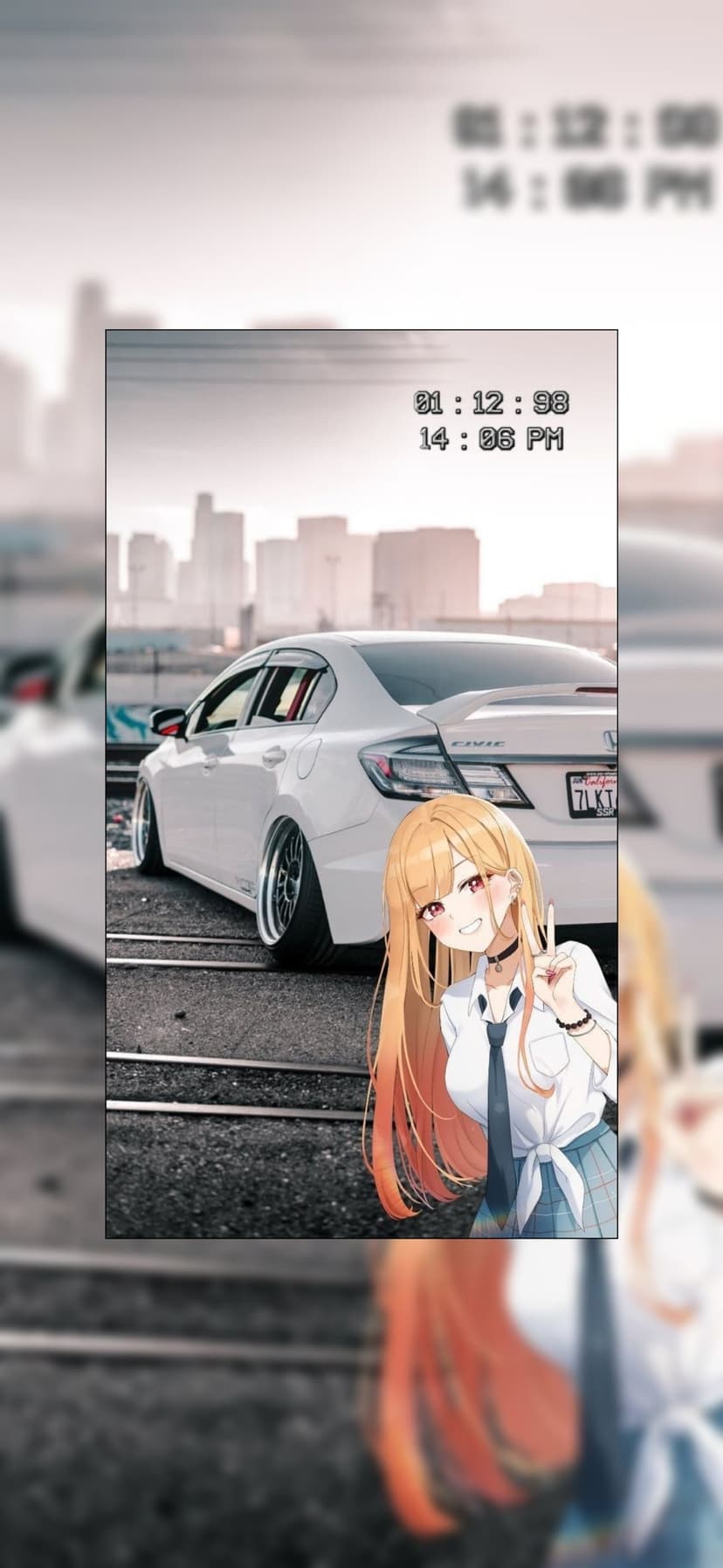 Orange-haired anime girl in a school uniform makes a peace sign next to a lowered white Honda Civic on tracks.
