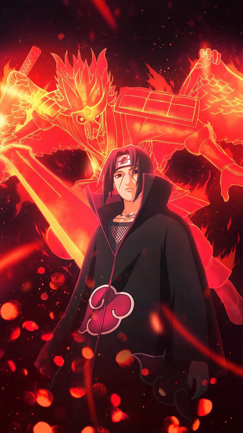 Itachi Uchiha in Akatsuki robes stands before a massive red spectral Susanoo warrior holding a glowing sword.