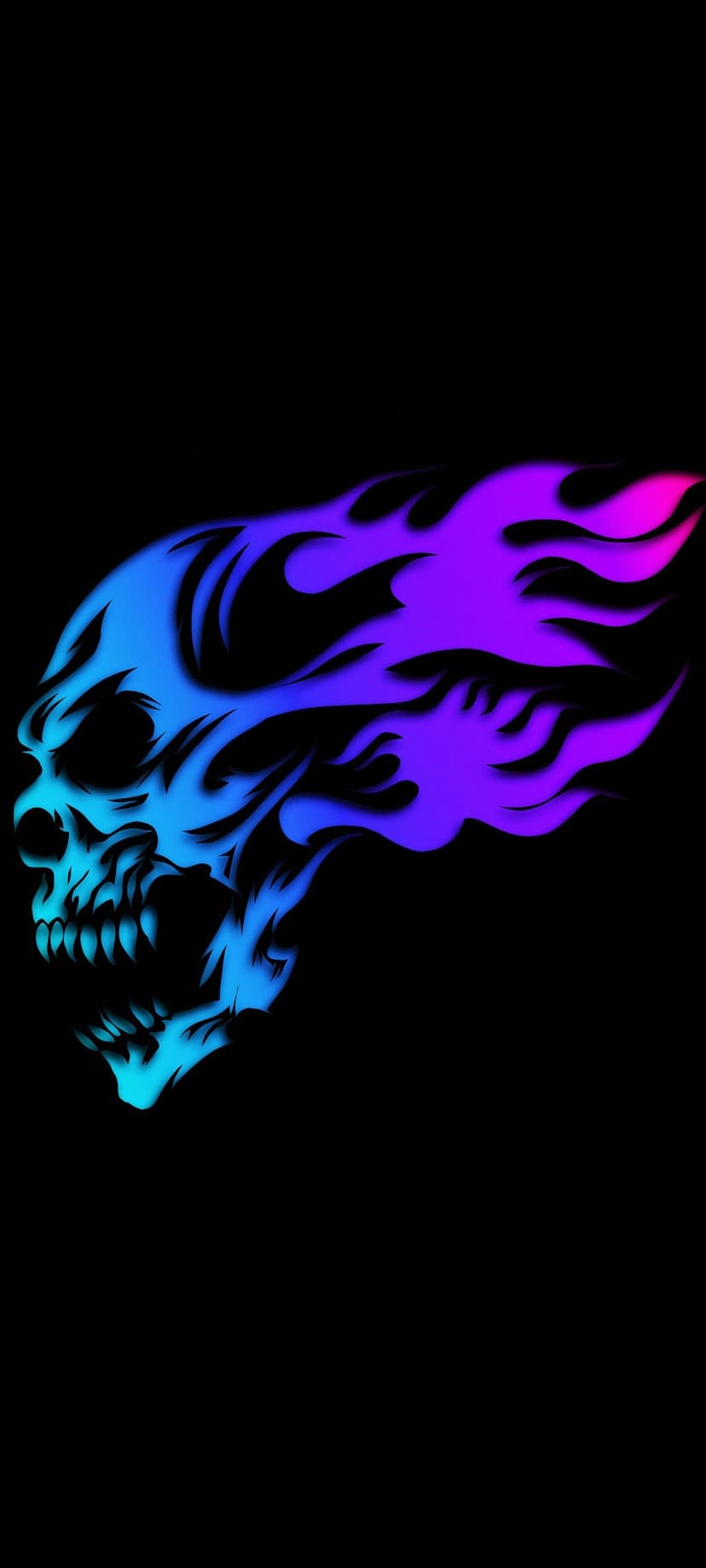 Skull engulfed in sharp neon blue and purple tribal flames against a dark background with vibrant glowing edges.