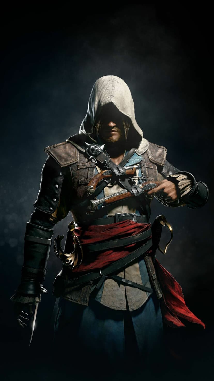 Hooded assassin in leather armor with flintlock pistols and a red sash against a dark smoky background.