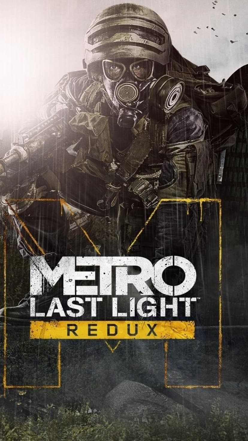 Soldier in a gas mask and helmet crouches in the rain before a yellow Metro Last Light Redux logo.