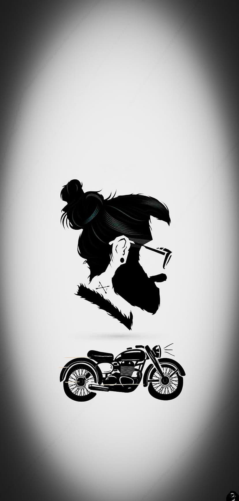 Bearded man with a bun and glasses above a motorcycle silhouette against a high-contrast spotlight background.