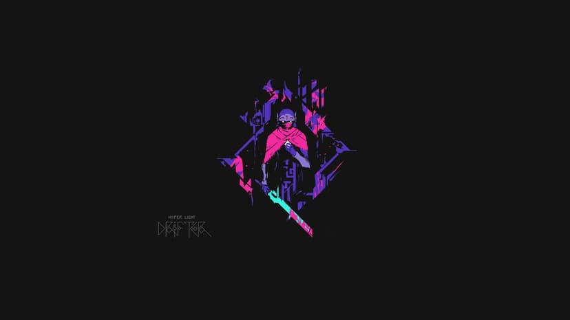 The Drifter in a pink cloak holding a cyan sword amidst purple geometric shards on a black background.