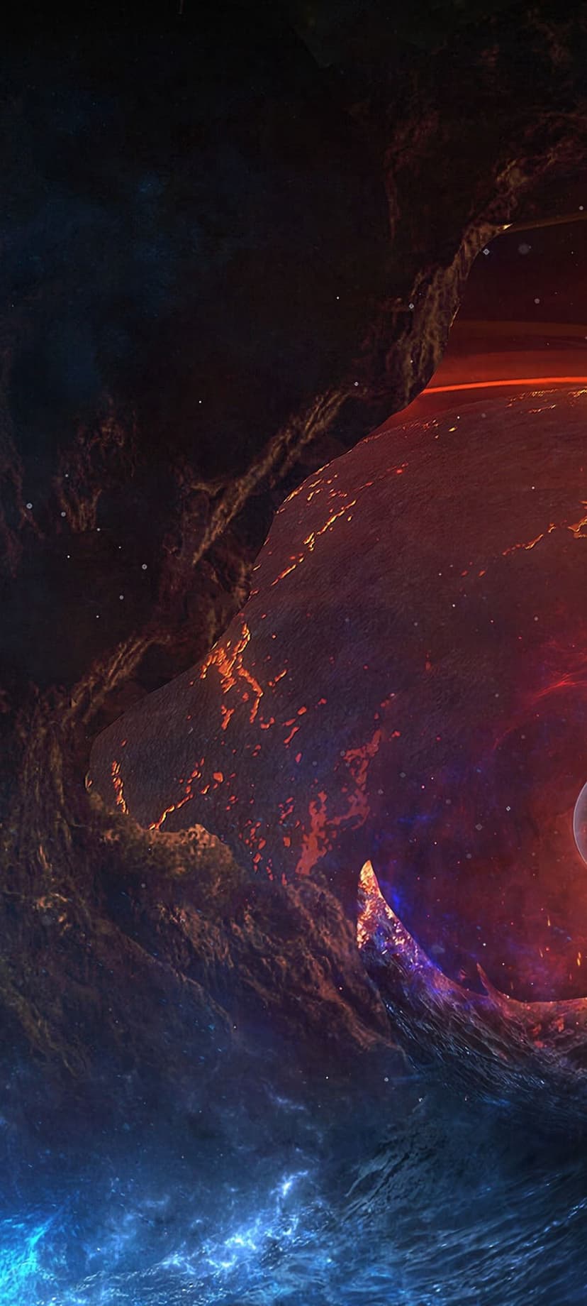 Molten orange planet with fiery cracks drifting above a deep blue swirling nebula and distant white stars.
