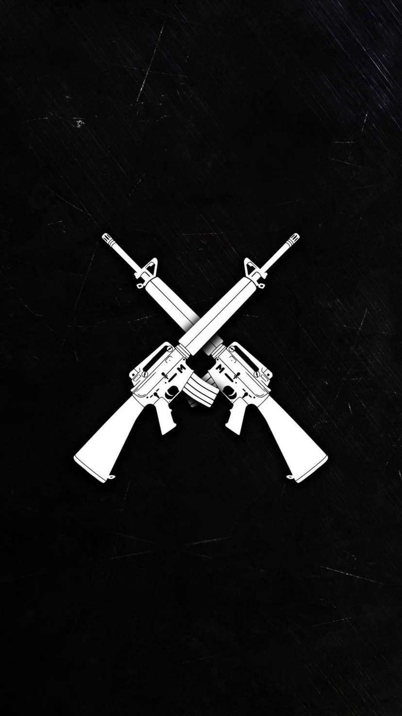 Crossed white AR-15 rifles forming a symmetrical X-shape over a dark, grainy black monochromatic background.
