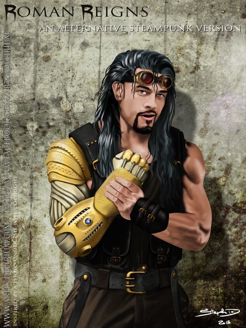 Roman Reigns as a steampunk warrior with a gold mechanical prosthetic arm standing against a grey concrete wall.