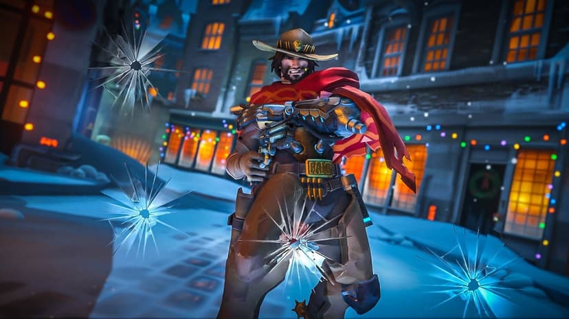 Cole Cassidy in Scrooge skin holds a revolver on a snowy city street at night with glowing festive lights.