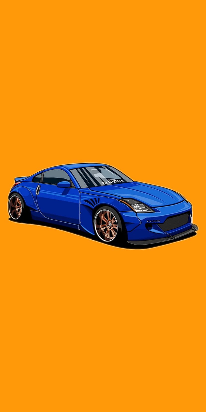 Blue sports car with a widebody kit and bronze wheels parked against a solid, vibrant orange background.