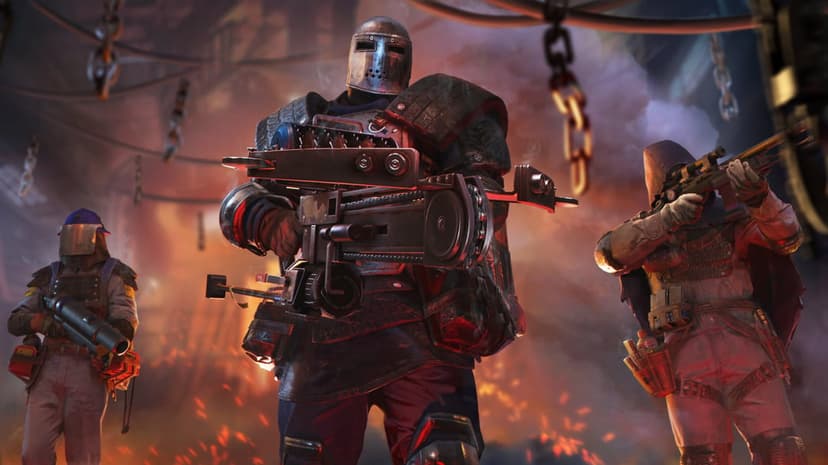 Three armored futuristic soldiers with heavy weapons stand in a smoky industrial environment with orange fire glow.